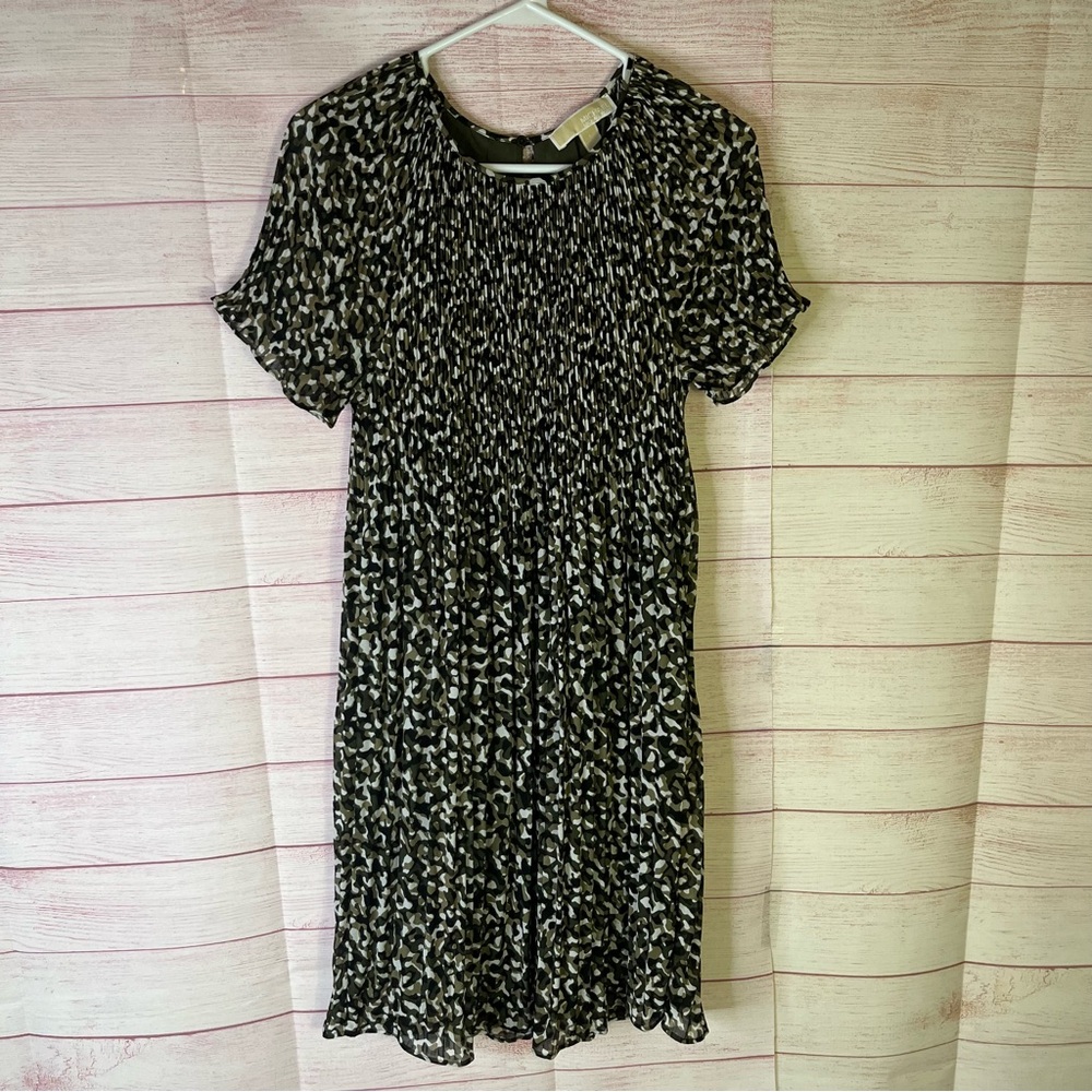 MICHAEL KORS Brown Green Black Crinkle Pleated Short Sleeve Dress Size Small